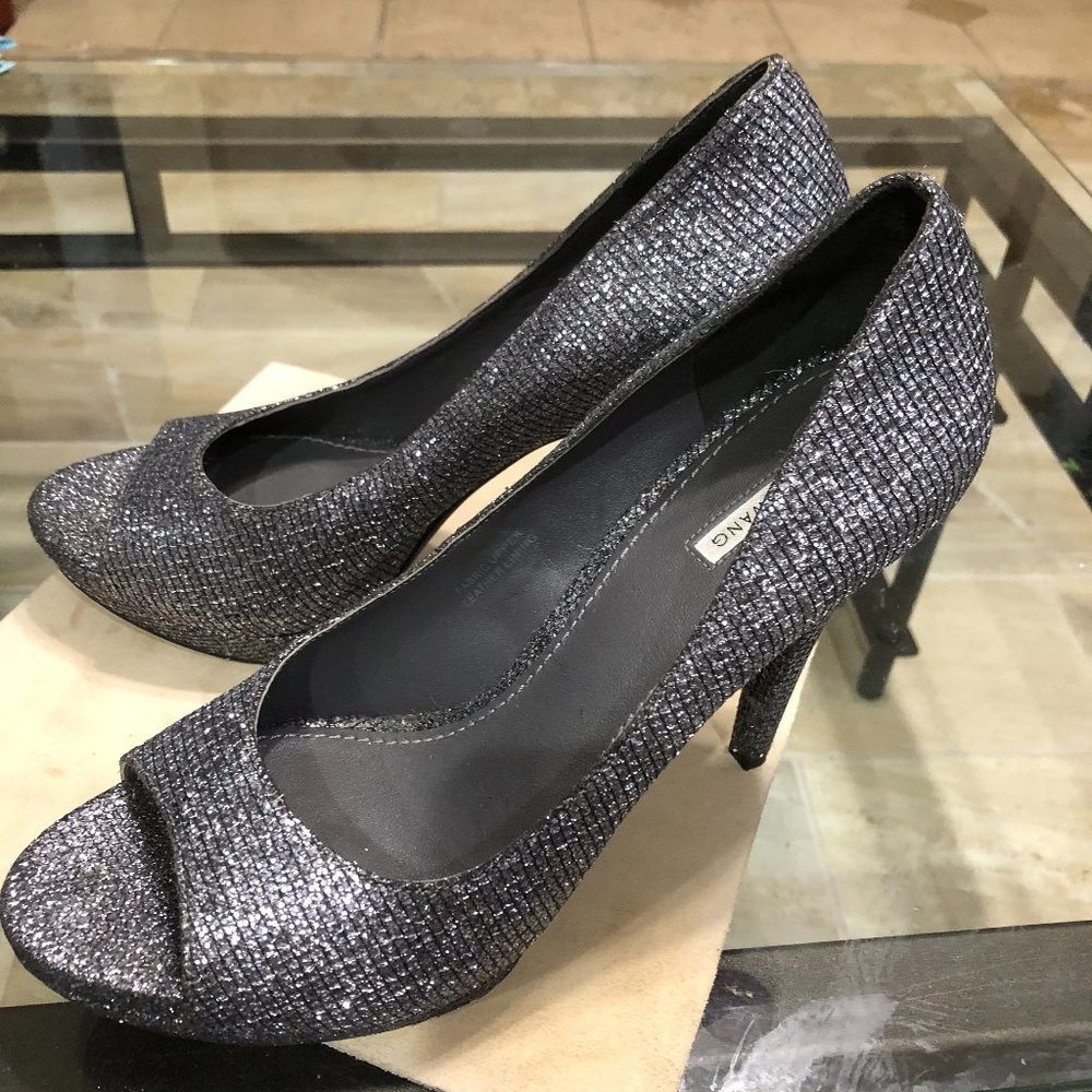 Vera Wang Peep-Toe Heels, Sparkly Silver 8 1/2 M